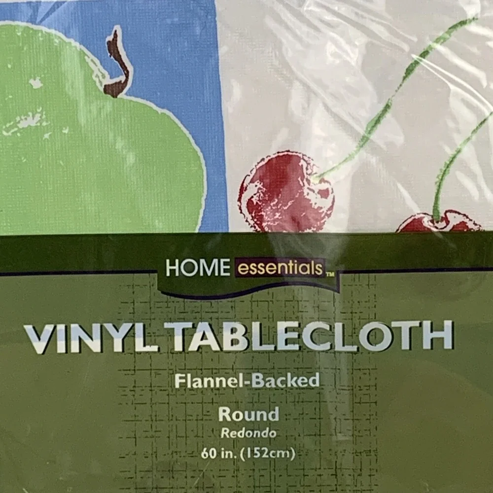 Home Essentials Fruit Print Vinyl Tablecloth Round 60in Flannel Backed Blue NEW